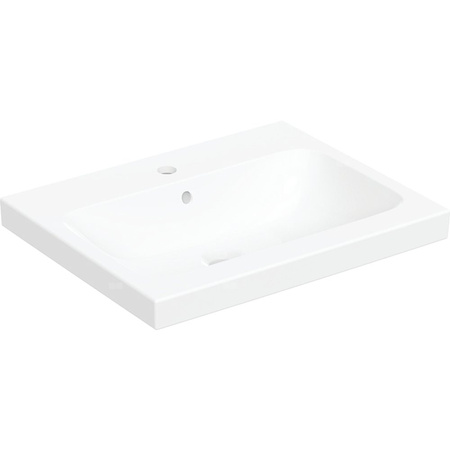Umywalka GEBERIT iCon Light prostokątna, biała / KeraTect, 600mm, otwór na baterię na środku, stawiana na blat, z odpływem przelewowym, półka od ściany