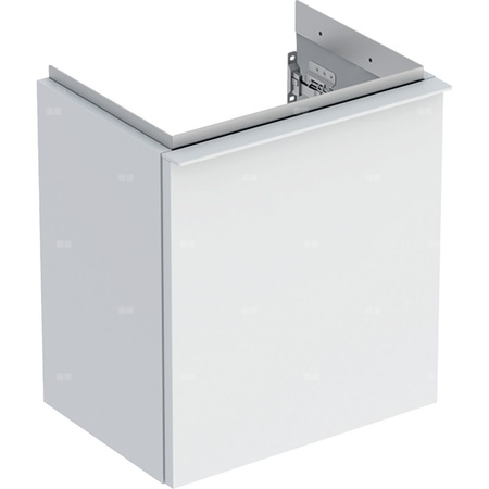 Szafka pod małą umywalkę Geberit iCon, z jednymi drzwiami: Szerokość umywalki=38cm, H=41.5cm, Drzwi=Zawias po lewej, Korpus i front: biały / lakierowany matowy, Uchwyt: biały / powlekany proszkowo, matowy