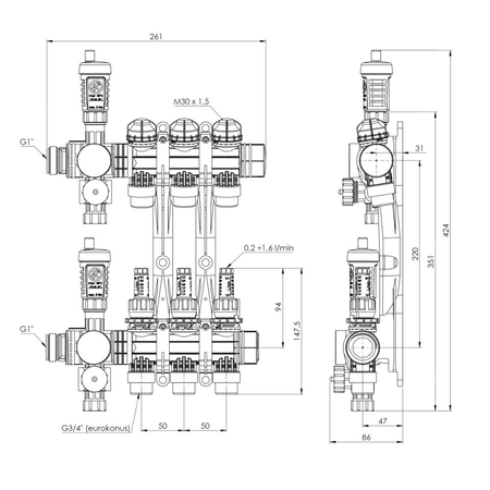 Rozdzielacz do ogrzewania podłogowego AFRISO ProCalida EF1 3-obieg. poliamid GZ 1'' x euroconus 3/4''