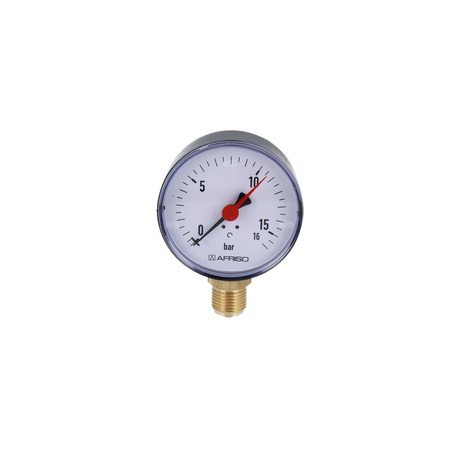 Manometr z rurką Bourdona AFRISO RF grzewczy 0/16 bar G1/2B radialne fi 80 mm, kl. 2.5%