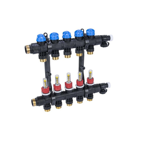 Rozdzielacz do ogrzewania podłogowego AFRISO ProCalida EF1 K 5-obieg. poliamid GZ 1'' x euroconus 3/4'' + przepływomierz + zawór napełn/spust