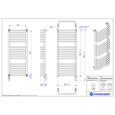 Grzejnik elektryczny (suszarka) INSTAL-PROJEKT BOLERO ELECTRO, wym. 1230 (1335 z grzałką)/500 mm, kolor biały połysk, moc 600 W