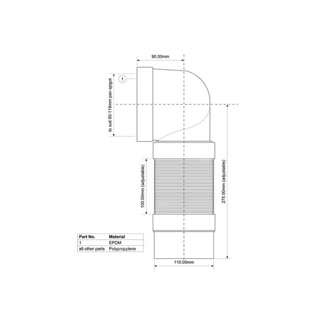 Przyłącze kanalizacyjne harmonijkowe L-265>540mm,wejście 90-110mm,wyjście 110mm, kąt 90