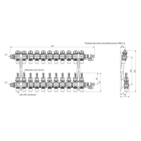 Rozdzielacz do ogrzewania podłogowego AFRISO ProCalida EF1 K 11-obieg. poliamid GZ 1'' x euroconus 3/4'' + przepływomierz + zawór napełn/spust
