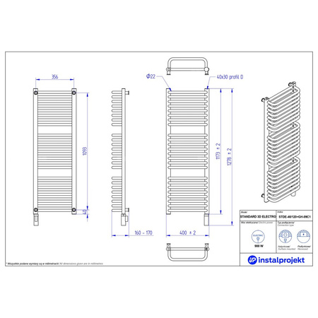 Grzejnik elektryczny (suszarka) INSTAL-PROJEKT STANDARD 3D ELECTRO, wym. 1173 (1278 z grzałką)/400 mm, kolor biały połysk, moc 900 W