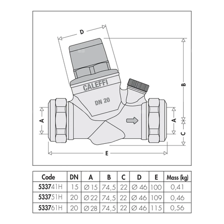 Regulator ciśnienia CALEFFI 5337H, złącze zaciskowe 28, 16 bar, wersja skośna