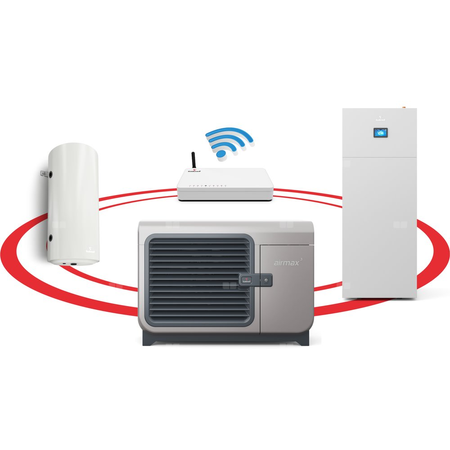 Hybrydowy system grzewczy: pompa ciepła 3F R290 Airmax3 12GT (3-15 kW) + szafa hydrauliczna Onebox z wymiennikiem c.w.u. do pomp ciepła Tower Grand 190 z kompletem elektrycznym 2kW + bufor 120 + centrala Smart Home Sinum