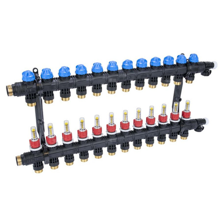 Rozdzielacz do ogrzewania podłogowego AFRISO ProCalida EF1 K 12-obieg. poliamid GZ 1'' x euroconus 3/4'' + przepływomierz + zawór napełn/spust