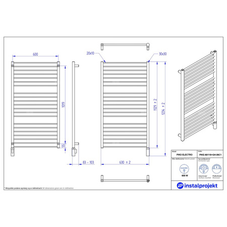 Grzejnik elektryczny (suszarka) INSTAL-PROJEKT PIKO ELECTRO, wym. 1129 (1234 z grzałką)/630 mm, kolor czarny, moc 600 W