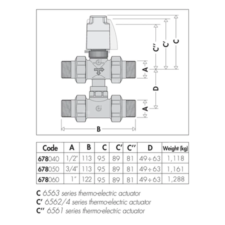 Trójdrożny zawór strefowy z obejściem współpracujący z siłownikami termoelektrycznymi serii 6563, 6561, 6562 i 6564 3/4"