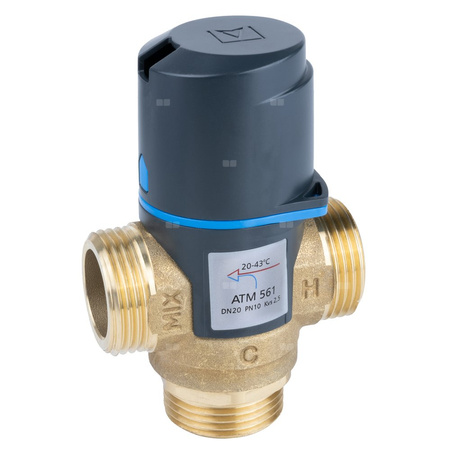 Zawór regulacyjny termostatyczny do wody ciepłej AFRISO ATM 561 mosiądz GZ 1'', DN 20, zakres temp. 20-43'C, Kvs 2.5 m3/h, maksymalna temperatura 90'C, maksymane ciśnienie 10 bar