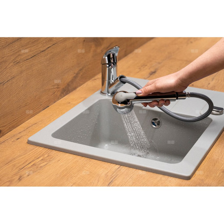 Bateria zlewozmywakowa stojąca KFA Armatura INDIRA, obrot. wylewka, kolor chrom, z wyciąganym natryskiem, mosiądz