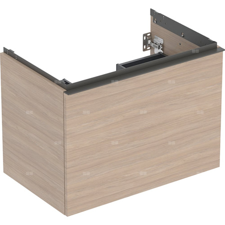 Szafka pod umywalkę Geberit Acanto, z szufladą i szufladą wewnętrzną: Szerokość umywalki=75cm, Korpus i front: dąb / melaminowa struktura drewna, Uchwyt: lava / malowany proszkowo, matowy