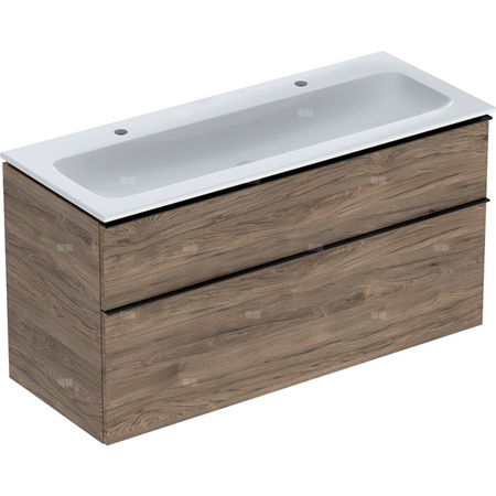 Zestaw umywalki meblowej Geberit iCon, slim rim, z szafką pod umywalkę, z dwoma szufladami i odpływowo-przelewowym do umywalki: B=120cm, Umywalka: biały, Korpus i front: orzech hickory / melaminowa struktura drewna, Uchwyt: lava / malowany proszkowo, mato
