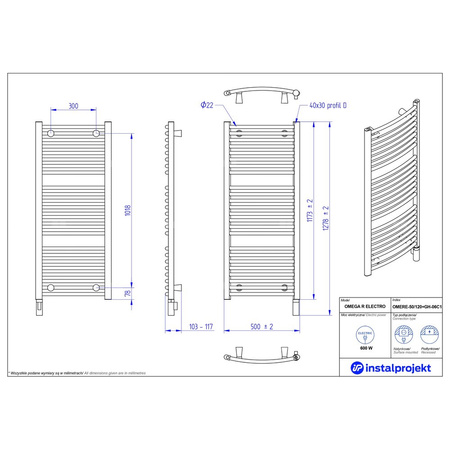 Grzejnik elektryczny (suszarka) INSTAL-PROJEKT OMEGA R ELECTRO, wym. 1173 (1278 z grzałką)/500 mm, kolor biały połysk, moc 600 W