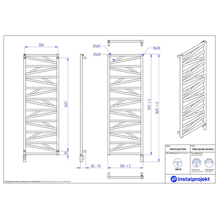 Grzejnik elektryczny (suszarka) INSTAL-PROJEKT TRICK ELECTRO, wym. 1517 (1622 z grzałką)/530 mm, kolor czarny mat, moc 600 W