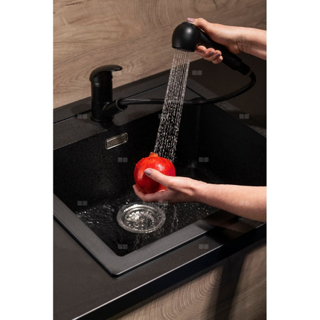 Bateria zlewozmywakowa stojąca KFA Armatura INDIRA, obrot. wylewka, kolor czarny, z wyciąganym natryskiem, mosiądz