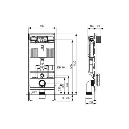 Stelaż podtynkowy do WC TECE profil, 1120 x 500 x 160 mm, regulowana wysokość, ze spłuczką