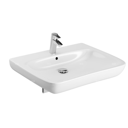 Umywalka GEBERIT Selnova Comfort prostokątna, biała, 650mm, otwór na baterię na środku, z odpływem przelewowym, półka od ściany