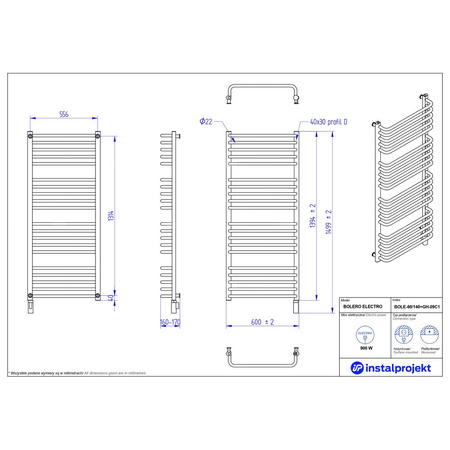 Grzejnik elektryczny (suszarka) INSTAL-PROJEKT BOLERO ELECTRO, wym. 1394 (1499 z grzałką)/600 mm, kolor biały połysk, moc 900 W