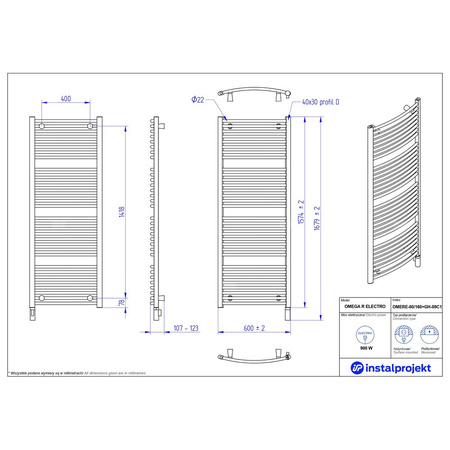 Grzejnik elektryczny (suszarka) INSTAL-PROJEKT OMEGA R ELECTRO, wym. 1574 (1679 z grzałką)/600 mm, kolor biały połysk, moc 900 W