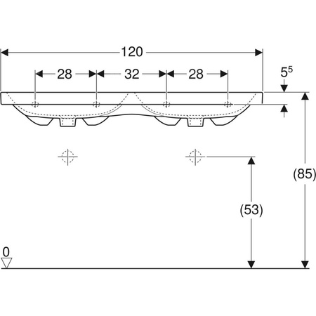 Umywalka GEBERIT iCon Light podwójna 2-stanowiskowa prostokątna, biała, 1200mm, bez otworu na baterię, z odpływem przelewowym, półka od ściany