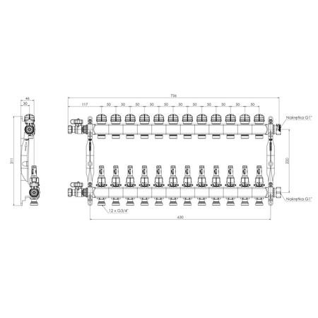 Rozdzielacz do ogrzewania podłogowego AFRISO ProCalida VA 1C 12-obieg. stal nierdzewna GZ 1'' x euroconus 3/4''