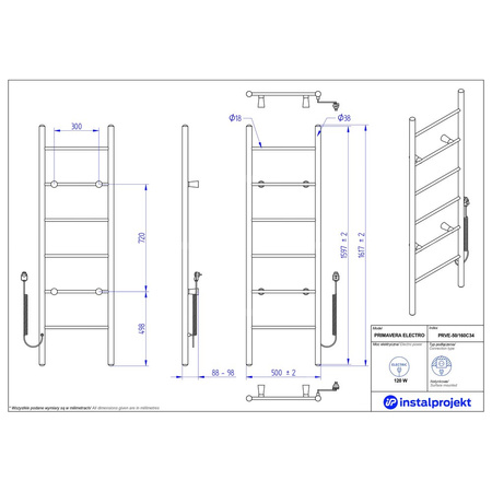 Grzejnik elektryczny (suszarka) INSTAL-PROJEKT PRIMAVERA ELECTRO, wym. 1600/500 mm, kolor czarny mat, moc 120 W
