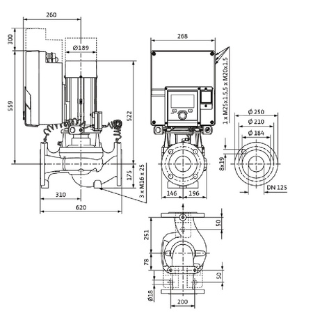 Pompa obiegowa WILO Stratos GIGA 2.0-I 125/1-7/2,2 typu in-line z silnikiem znormalizowanym 50/60 Hz, moc silnika 2.1kW 3.6 A 1410 obr/min, wlot Kołnierz DN 125
