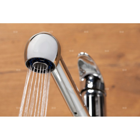 Bateria zlewozmywakowa stojąca KFA Armatura INDIRA, obrot. wylewka, kolor chrom, z wyciąganym natryskiem, mosiądz