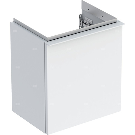 Szafka pod małą umywalkę Geberit iCon, z jednymi drzwiami: Szerokość umywalki=38cm, H=41.5cm, Drzwi=Zawias po lewej, Korpus i front: biały / lakierowany na wysoki połysk, Uchwyt: biały / powlekany proszkowo, matowy