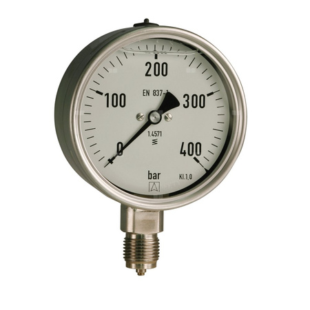 Manometr z rurką Bourdona AFRISO RF wstrząsoodporny -1/0,6 bar G1/2B aksjalne fi 100 mm, kl. 1.6%