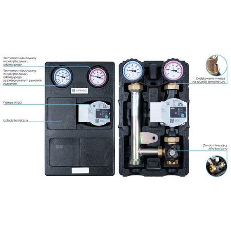 Grupa pompowa AFRISO PrimoTherm K 180-2 DN 25 WP 3-WM GZ x GW 1 1/2'' x 1'', z zaworem mieszającym, z izolacją, z pompą obiegową Wilo Para SC 25/6