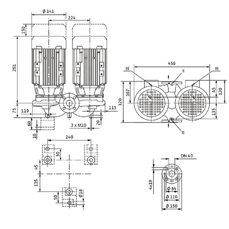 Pompa obiegowa WILO VeroTwin-DPL 40/130-0,25/4 typu in-line z silnikiem znormalizowanym 50 Hz, moc silnika 0.25kW 0.69 A 1450 obr/min, wlot Kołnierz DN 40