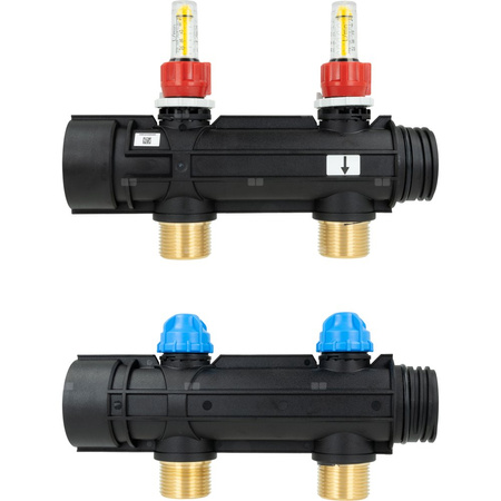 Dwa obiegi rozdzielacza ProCalida IN 1 1/2'', rozstaw 100 mm, G1'', rotametry 4÷20 l/min