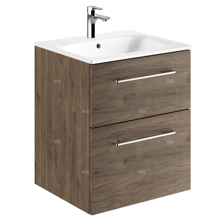 Zestaw umywalki meblowej Geberit Selnova Square, slim rim, z szafką pod umywalkę, z dwoma szufladami: B1=53.8cm, T=50.2cm, Otwór na baterię=Na środku, Przelew=Widoczny, Orzech włoski hickory