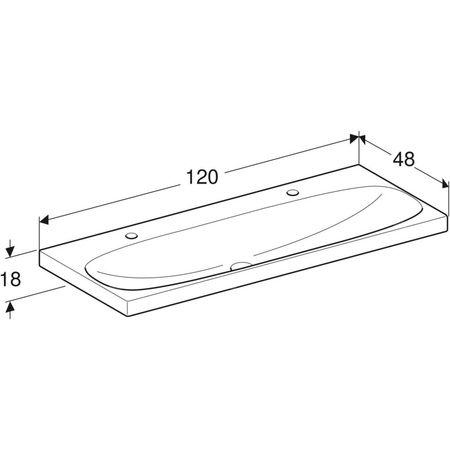 Umywalka GEBERIT Acanto 2-stanowiskowa prostokątna, biała, 1200mm, otwór na baterię z lewej i prawy, bez odpływu przelewowego, półka od ściany