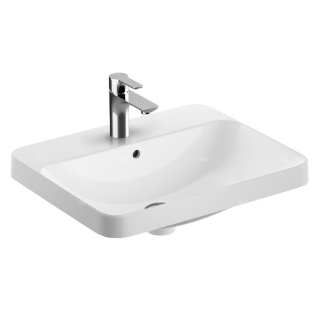 Umywalka GEBERIT Variform prostokątna, biała, 550mm, otwór na baterię na środku, wpuszczana w blat, z odpływem przelewowym, półka od ściany