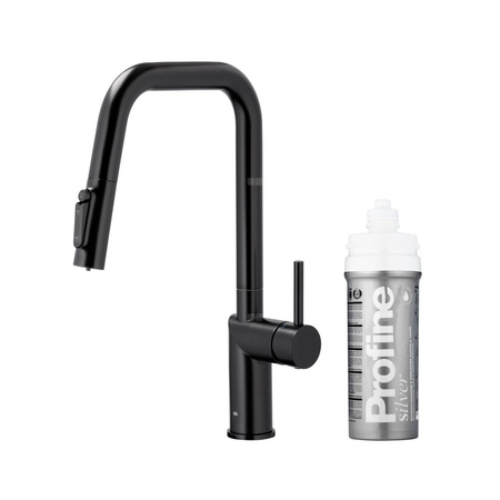 DUERO PURE STYLE PULL-OUT BATERIA KUCHENNA Z FUNKCJĄ FILTRACJI WODY I WYCIĄGANĄ WYLEWKĄ, CZARNA + ZESTAW FILTRUJĄCY PROFINE SILVER S
