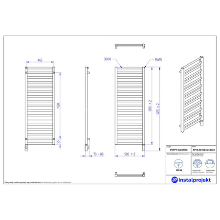 Grzejnik elektryczny (suszarka) INSTAL-PROJEKT POPPY ELECTRO, wym. 1310 (1415 z grzałką)/500 mm, kolor biały mat, moc 600 W