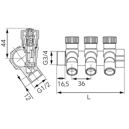 Rozdzielacz hydrauliczny FERRO RDW200300 mosiądz GZ x GW, odgałęzień: 3 (1/2'') + zawory odcinające