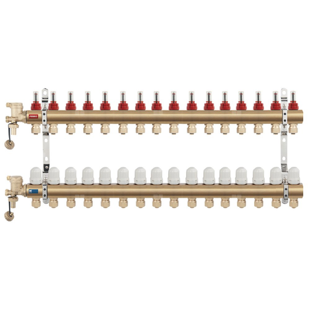 Rozdzielacz mosiężny z zaworami termostatycznymi i przepływomierzami, 15-drogowy