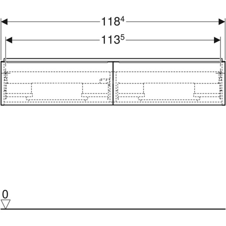 Szafka pod umywalkę podwójną Geberit iCon, z dwoma szufladami: Szerokość umywalki=120cm, H=24.7cm, Korpus i front: dąb / melaminowa struktura drewna, Uchwyt: lava / malowany proszkowo, matowy