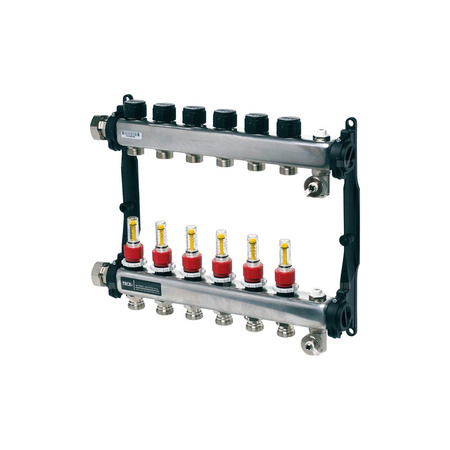 Rozdzielacz do ogrzewania podłogowego TECE floor 6-obieg. stal nierdzewna 1'' x eurocono 3/4'' + przepływomierz + zawór napełn/spust + odpowietrznik