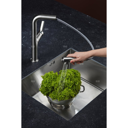 Bateria zlewozmywakowa stojąca KFA Armatura DUERO DESIGN, kolor inox, wyciągana wylewka i obrotowa wylewka 2 funkcyjna, obrotowy górny, wys. 320 mm