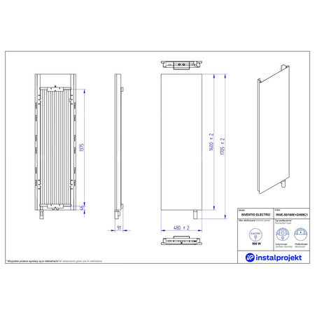 Grzejnik elektryczny (suszarka) INSTAL-PROJEKT INVENTIO ELECTRO, wym. 1600 (1705 z grzałką)/480 mm, kolor biały, ekran szary, moc 900 W