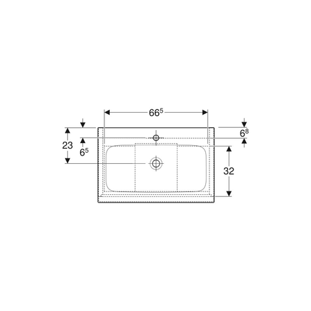 Umywalka GEBERIT iCon prostokątna, biała, 600mm, otwór na baterię na środku, nakładany od góry, bez odpływu przelewowego, półka od ściany