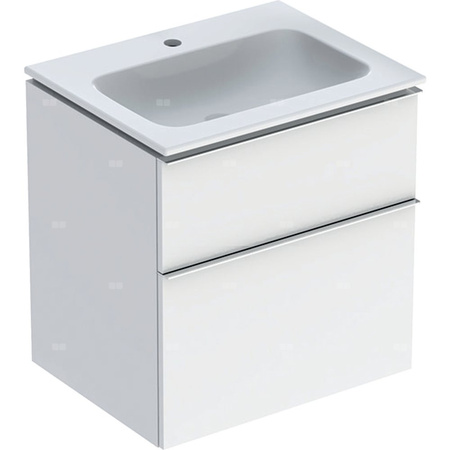 Zestaw umywalki meblowej Geberit iCon slim rim, z szafką pod umywalkę, z dwoma szufladami i zestawem odpływowo-przelewowym do umywalki: B=60cm, Umywalka: biały, Korpus i front: biały / lakierowany na wysoki połysk, Uchwyt: chromowany z połyskiem 