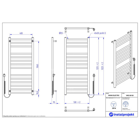 Grzejnik elektryczny (suszarka) INSTAL-PROJEKT VIKING ELECTRO, wym. 1223/530 mm, kolor biały połysk, moc 230 W