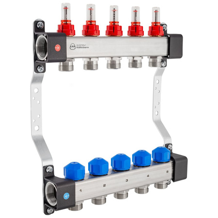 Rozdzielacz InoxFlow z zaworami do siłowników i przepływomierzami (seria UFS) - 5 obwodów